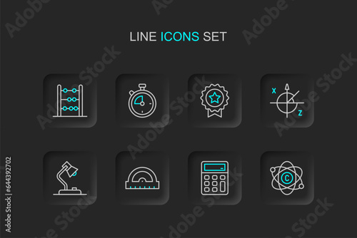 Set line Atom, Calculator, Protractor grid, Table lamp, Trigonometric circle, Medal with star, Stopwatch and Abacus icon. Vector