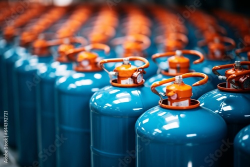 Orange gas cylinder among blue cylinders, close-up. Generative AI