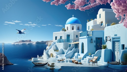 Captivating Santorini seascape, traditional charm, azure waters and bougainvillea beauty