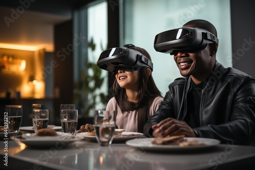 Father and daughter wearing virtual reality technology on dining table  Generate with Ai