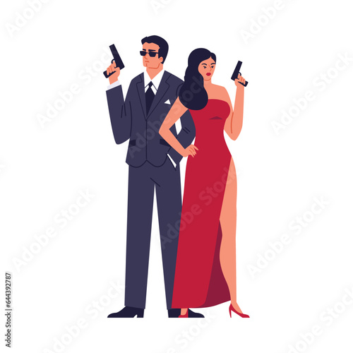 Special secret agents couple armed with a pistol, vector man in dark formal suit and sunglasses, woman in red sexy dress