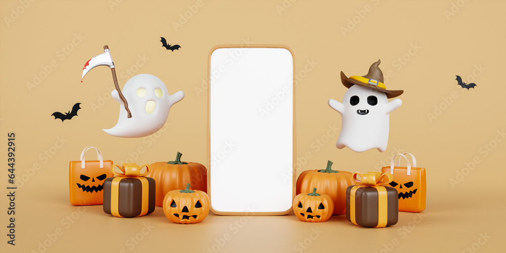 Fototapeta premium Halloween sale banner template. Festive banner with 3d spooky pumpkins, smartphone, ghost and bat. copy space. 3d render.