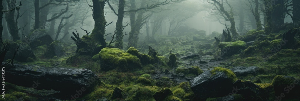 Landscape, A dramatic mist-covered forest 