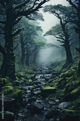 Landscape, A dramatic mist-covered forest 