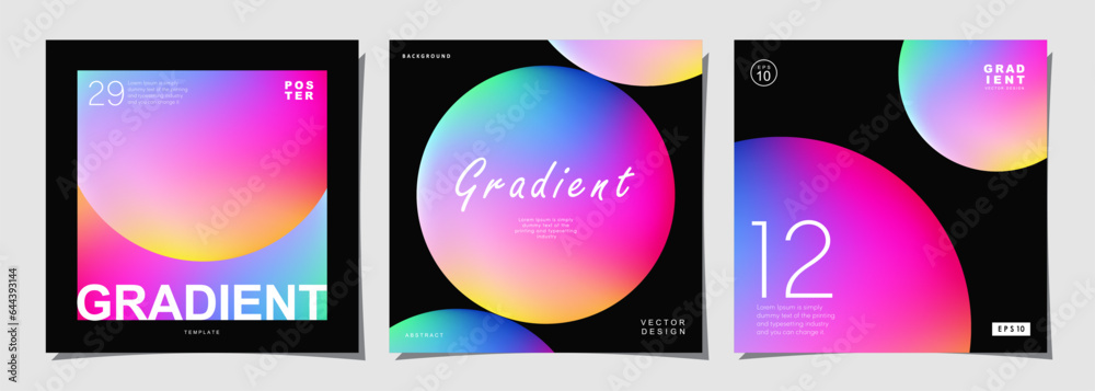 Set of creative covers or posters concept in modern minimal style for corporate identity, branding, social media advertising, promo. Circle design template with dynamic fluid gradient.