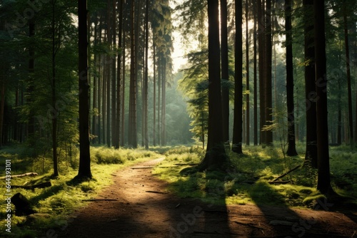 Landscape, A forest at dawn with the tall trees casting elongated