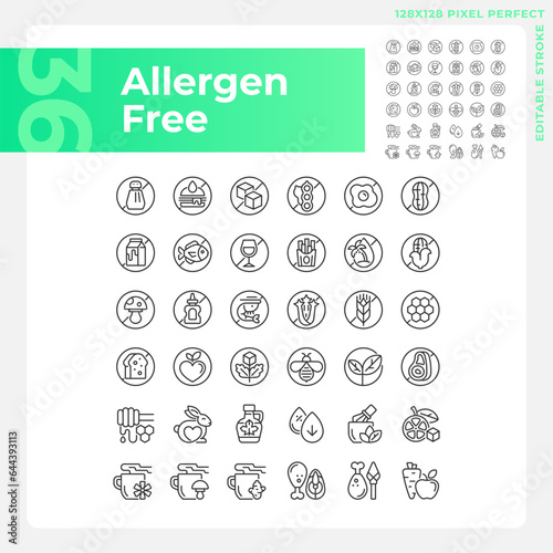 2D pixel perfect black icons pack representing allergen free  editable thin line illustration.