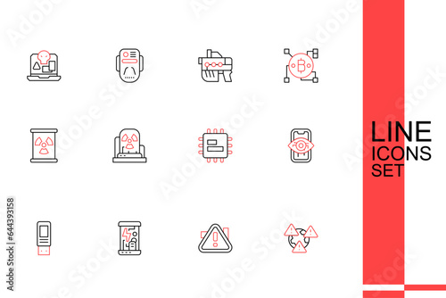 Set line Earth with exclamation mark, Exclamation in triangle, Cryogenic capsules, USB flash drive, Computer vision, Processor CPU, Radioactive warning lamp and waste barrel icon. Vector