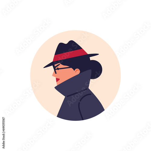 Female secret agent avatar, side view, flat vector illustration isolated on white background.