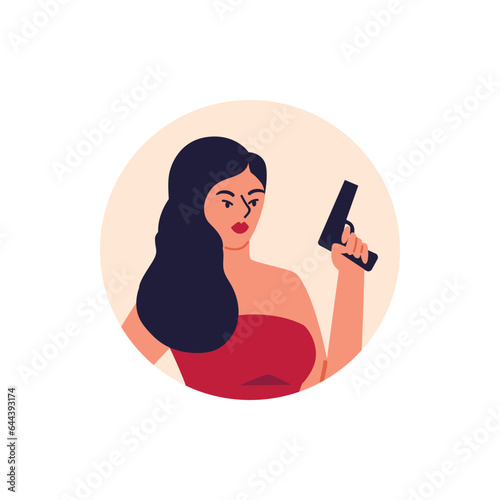 Beautiful sexy brunette woman in red dress armed with pistol, flat vector special secret agent on mission in round frame