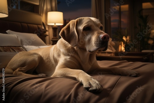 pet in a hotel room in light colors. lies on the bed. relax. AI generated