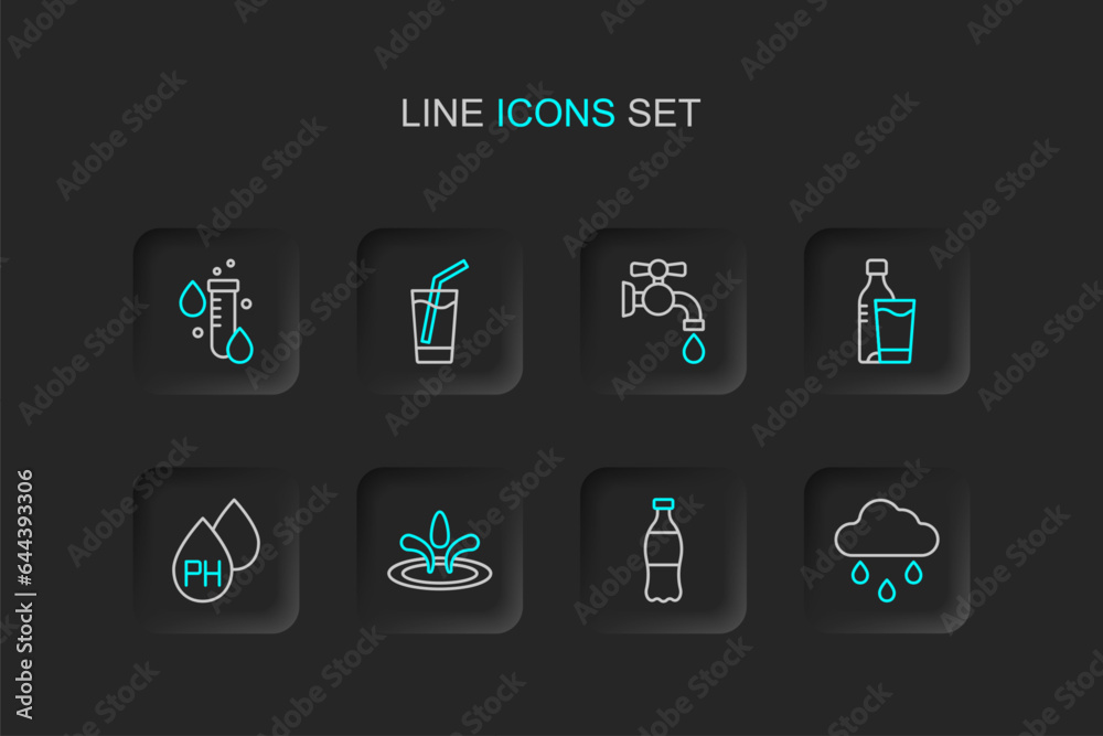 Set line Cloud with rain, Bottle of water, Water drop, glass, tap, Glass and Test tube icon. Vector Set line Cloud with rain, Bottle of water, Water drop, glass, tap, Glass and Test tube icon. Vector