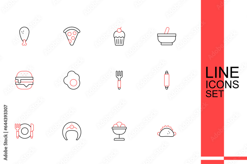Set line Taco with tortilla, Ice cream in the bowl, Fish steak, Plate, fork and knife, Rolling pin, Fork, Scrambled egg and Burger icon. Vector