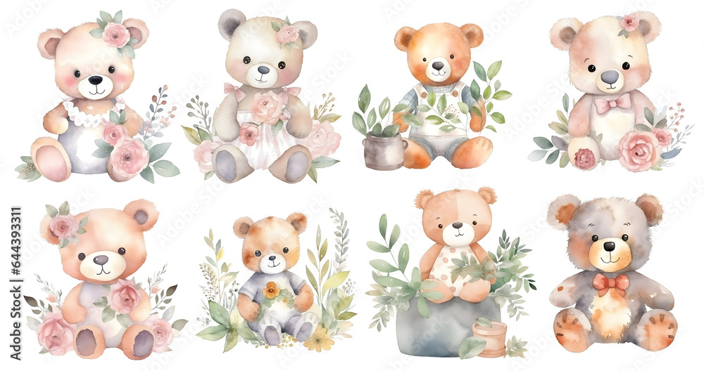 Set of cute Teddy Bears with flowers on transparent background ...