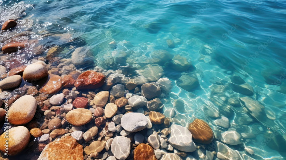 Obraz premium Top view, light pebbles on the seashore, water coming in