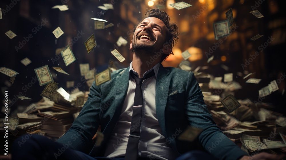 businessman with banknotes falling from the sky, wealth - obrazy, fototapety, plakaty 