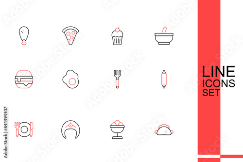 Set line Taco with tortilla, Ice cream in the bowl, Fish steak, Plate, fork and knife, Rolling pin, Fork, Scrambled egg and Burger icon. Vector