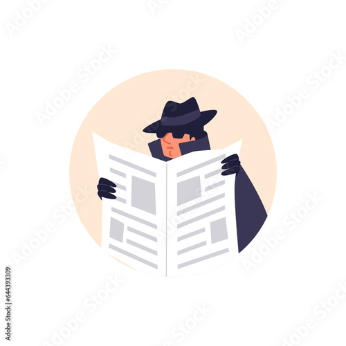 Special secret agent wearing sunglasses and a hat spying under cover of a newspaper, vector private detective in round
