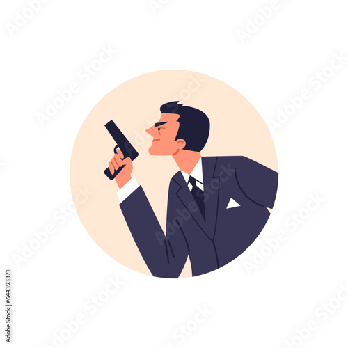 Round avatar of cunning man in suit holding gun side view flat style