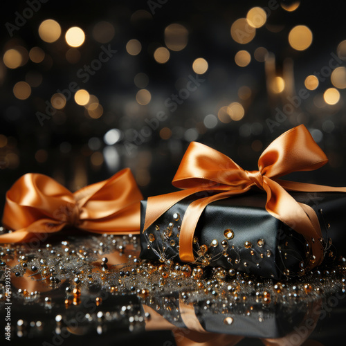 A christmas background made of orange and gold with black as the primary color