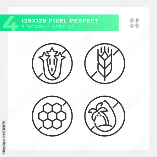 Pixel perfect black icons set representing allergen free, editable thin linear illustration.