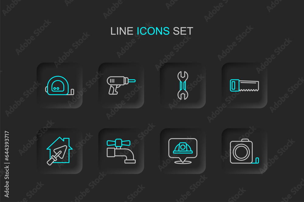 Set line Roulette construction, Worker safety helmet, Water tap, House with trowel, Hand saw, Wrench spanner, Electric drill machine and icon. Vector