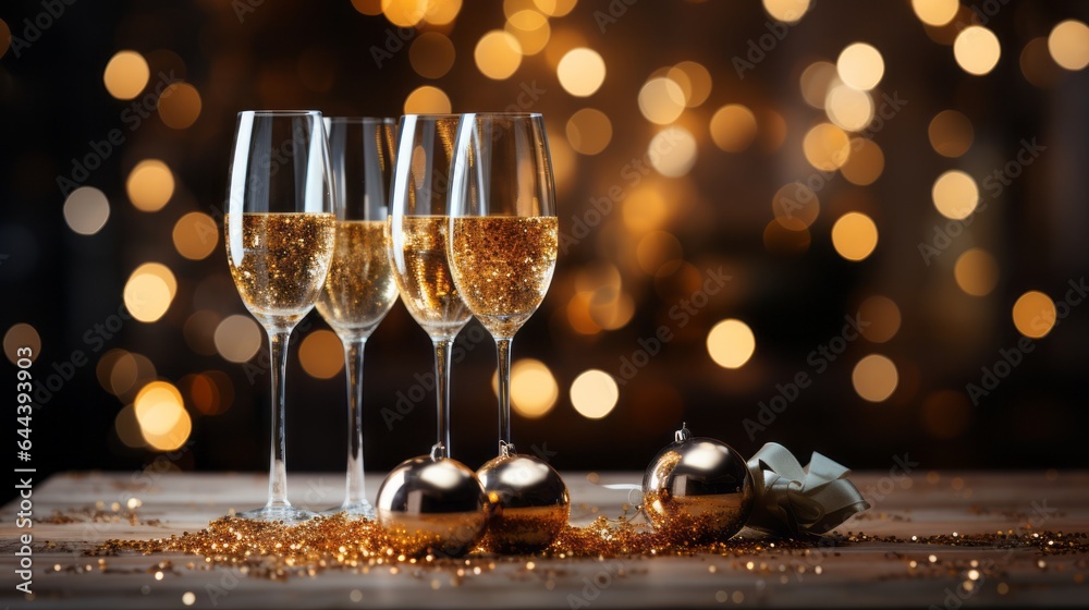 glasses of champagne, new year and end of year party - obrazy, fototapety, plakaty 