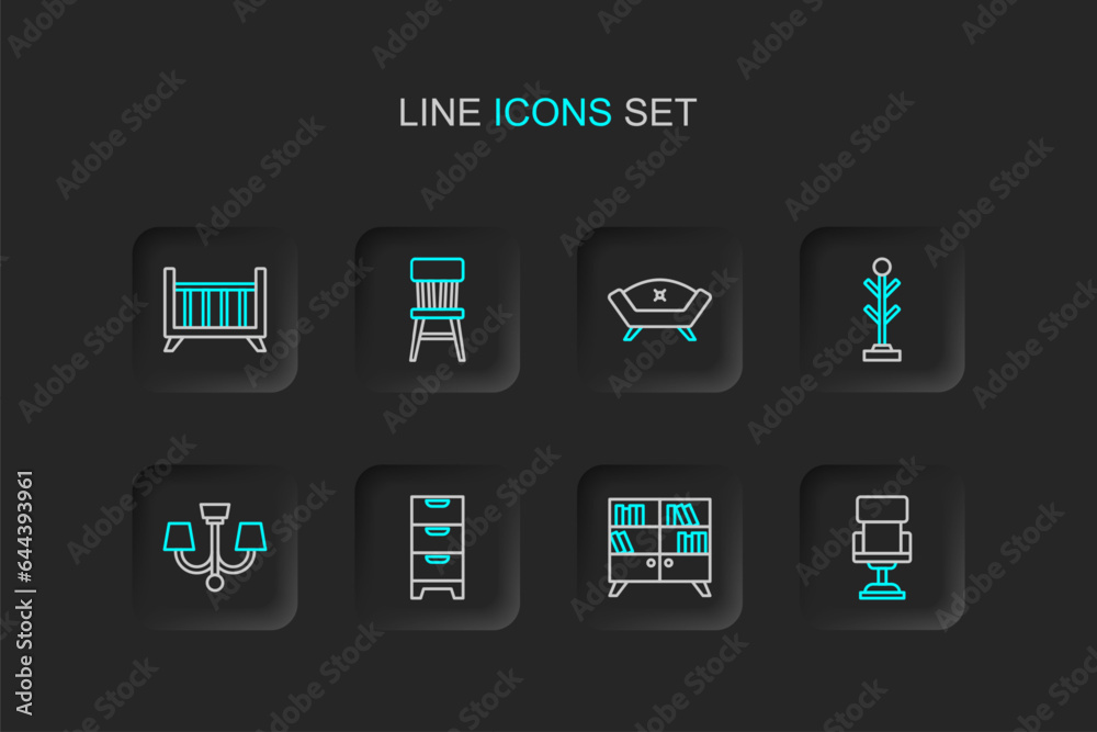 Set line Office chair, Library bookshelf, Chest of drawers, Chandelier, Coat stand, Sofa, Chair and Baby crib cradle bed icon. Vector