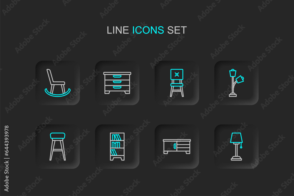 Set line Floor lamp, TV table stand, Lamp hanging, Chair, Chest of drawers and Armchair icon. Vector