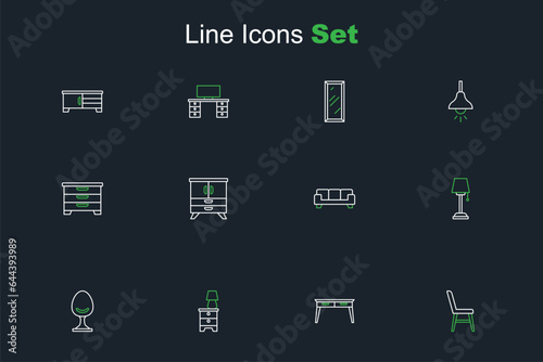 Set line Chair, Office desk, Furniture nightstand with lamp, Armchair, Floor, Sofa, Chest drawers and icon. Vector