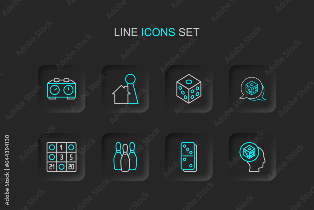 Set line Game dice, Domino, Bowling pin, Bingo card, Chip for board game and Time chess clock icon. Vector Set line Game dice, Domino, Bowling pin, Bingo card, Chip for board game and Time chess clock icon. Vector