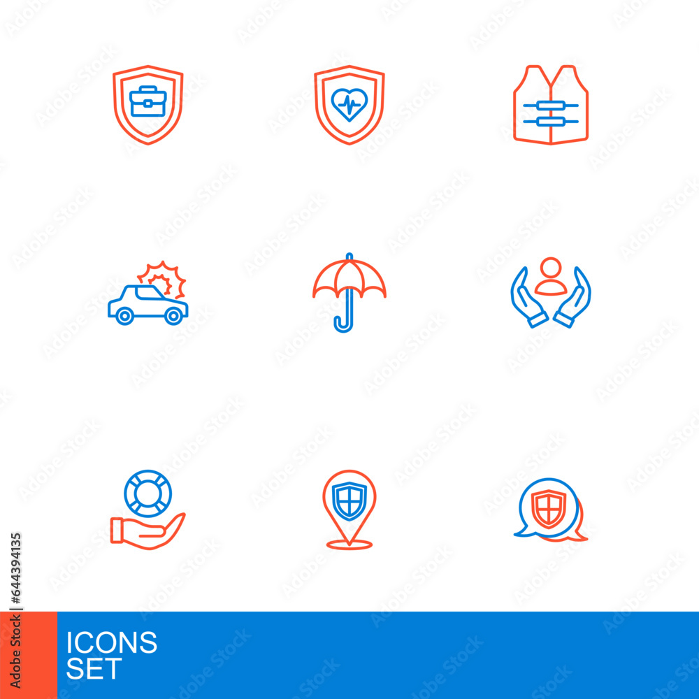 Set line Shield, Location shield, Lifebuoy in hand, insurance, Car, Umbrella, jacket and with icon. Vector
