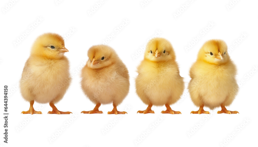 four little chicken isolated on transparent background cutout