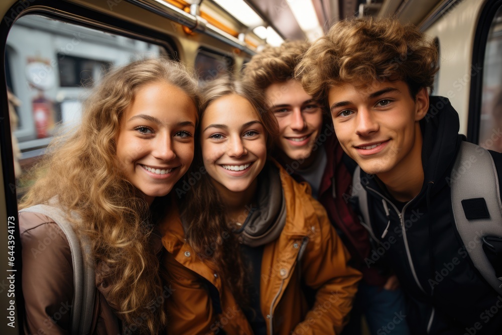 Friends - teen girls and boys, taking selfie picture together in train during joint trip. Happy smiling tourists or students. Friends - teen girls and boys, taking selfie picture together in train during joint trip. Happy smiling tourists or students.