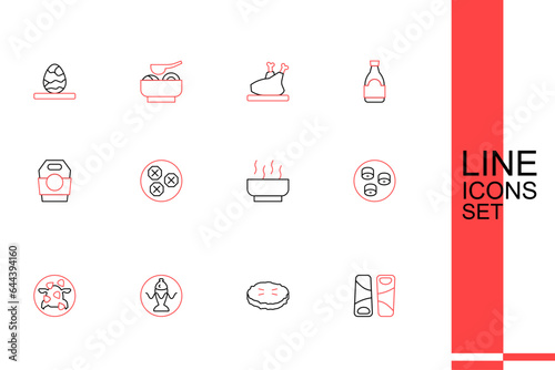 Set line Guotie, Homemade pie, Served fish on plate, Kung Pao chicken, Sushi, Ramen soup bowl, Wonton and Asian noodles in paper box icon. Vector