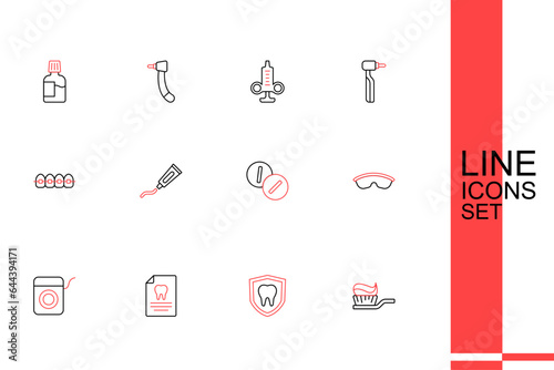 Set line Toothbrush with toothpaste, Dental protection, Clipboard dental card, floss, Safety goggle glasses, Toothache painkiller tablet, Tube of and Teeth braces icon. Vector