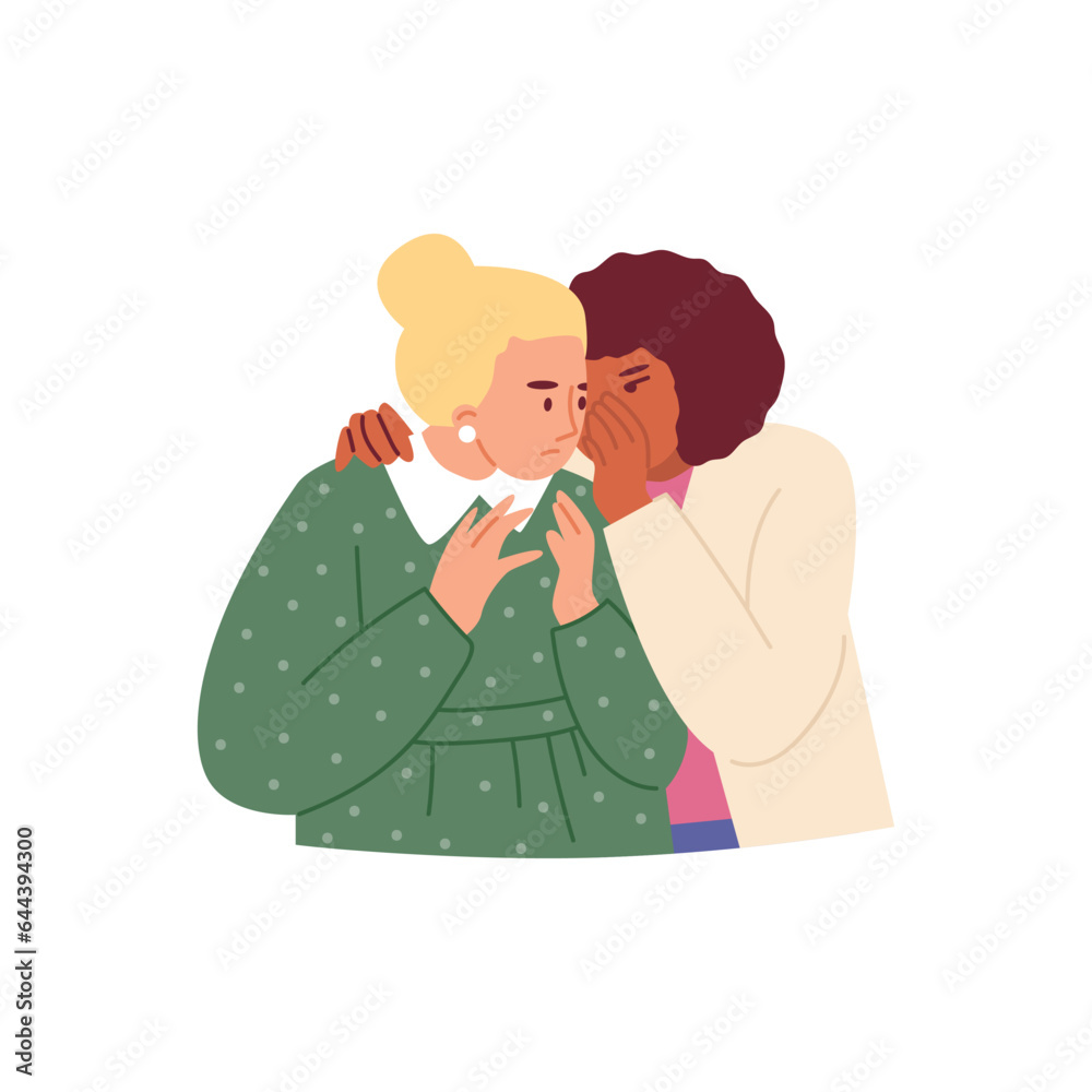 Woman transmits private gosip to colleague or friend, flat vector isolated.