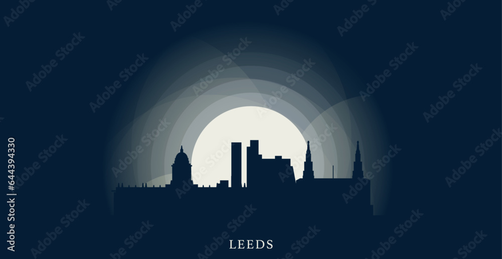 UK England Leeds cityscape skyline city panorama vector flat modern banner illustration. United Kingdom West Yorkshire emblem idea with landmarks and building silhouettes at sunrise sunset night