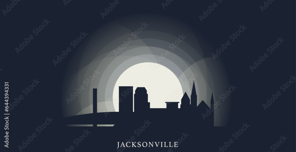 USA United States Jacksonville cityscape skyline capital city panorama vector flat modern banner. US Florida American county emblem idea with landmarks and building silhouette at sunset sunrise night