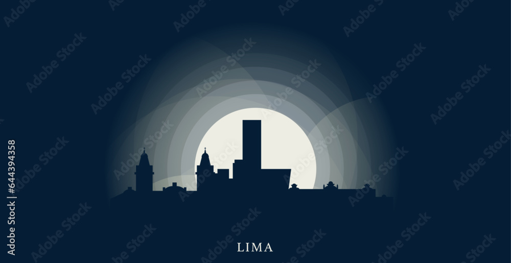Peru Lima cityscape skyline city panorama vector flat modern banner illustration. Latin America region emblem idea with landmarks and building silhouettes at sunrise sunset night