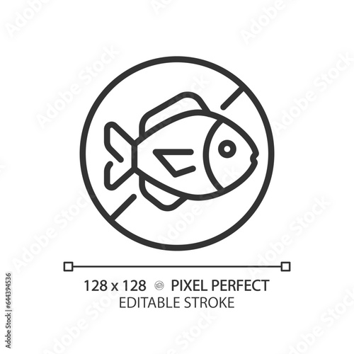 2D pixel perfect editable black fish free icon, isolated vector, thin line illustration representing allergen free.