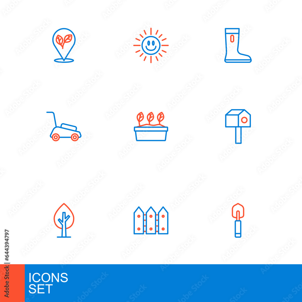 Set line Garden trowel spade or shovel, fence wooden, Tree, Bird house, Lawn mower, Plant in pot, Waterproof rubber boot and Sun icon. Vector Set line Garden trowel spade or shovel, fence wooden, Tree, Bird house, Lawn mower, Plant in pot, Waterproof rubber boot and Sun icon. Vector