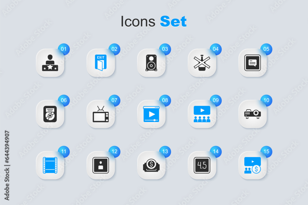 Set Rating movie, Retro tv, Fire exit, Play video, Cinema auditorium with screen, Movie, film, media projector, Actor star and Online play icon. Vector Set Rating movie, Retro tv, Fire exit, Play video, Cinema auditorium with screen, Movie, film, media projector, Actor star and Online play icon. Vector