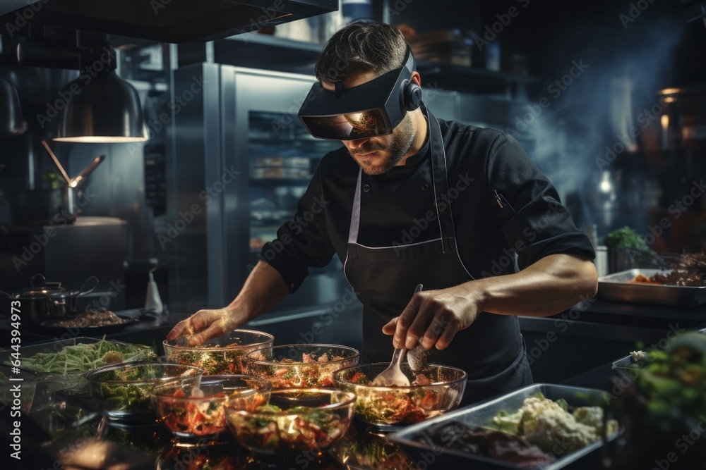 Chef simulation with virtual reality headset in the kitchen, Generate with Ai 
