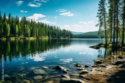 Panoramic view of serene lake surrounded by lush pine forest in Finland. Generative AI