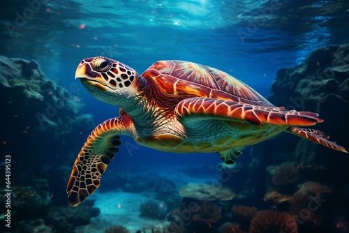 A turtle swims in the deep ocean. Generative AI