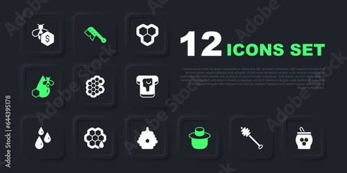 Set Honey dipper stick, Jar of honey and, Honeycomb, Beekeeper with protect hat, honeycomb, Beekeeping brush and Hive for bees icon. Vector