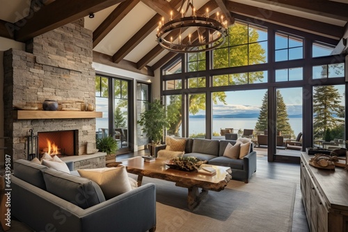 Stunning living room in upscale home boasting a fireplace, high ceilings, and wooden beams. Expansive windows offer tree-filled views of the sky. Generative AI © Carter