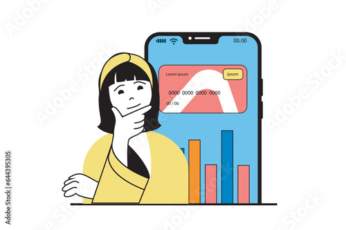 Mobile banking concept with people scene in flat web design. Woman analyzing financial statistics using bank application data and tool. Vector illustration for social media banner, marketing material. © alexdndz