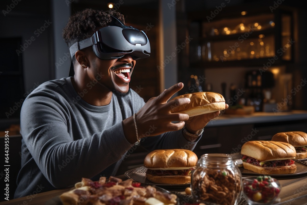 African man wearing VR headset sharing moment on dining table, Generate with Ai.